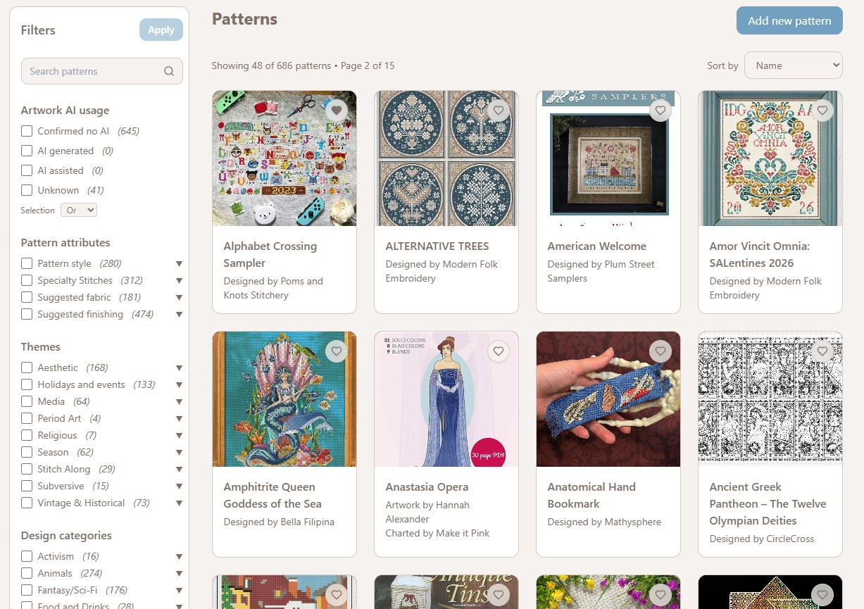 Flosshaven pattern search page with advanced filters